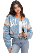 Cropped Denim Varsity Jacket – Women’s Casual Streetwear Bomber Jacket – Premium Denim