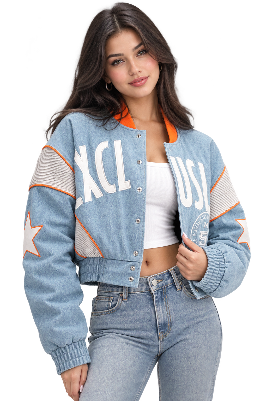 Cropped Denim Varsity Jacket – Women’s Casual Streetwear Bomber Jacket – Premium Denim