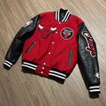 Men’s Chicago Bulls Varsity Jacket – Red Wool Body with Black Leather Sleeves & Letterman Bomber Jacket