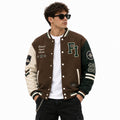 Men’s Brown Varsity Jacket – Green and Cream Leather Sleeves Letterman Bomber Jacket with Mountain Embroidery