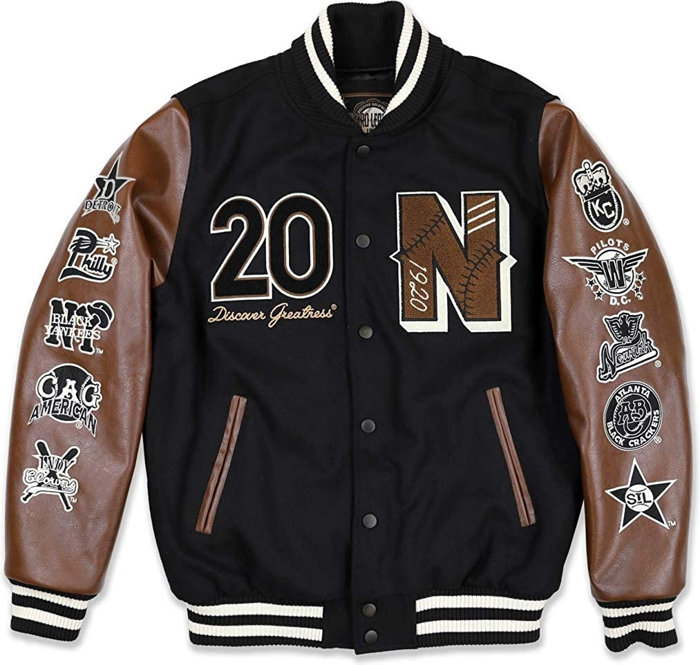 Men’s Black and Brown Varsity Jacket – Negro Leagues Baseball Graphic Letterman Jacket