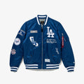 Men’s Blue Bomber Jacket – Satin Varsity Jacket with Baseball Patches & Striped Ribbed Trim