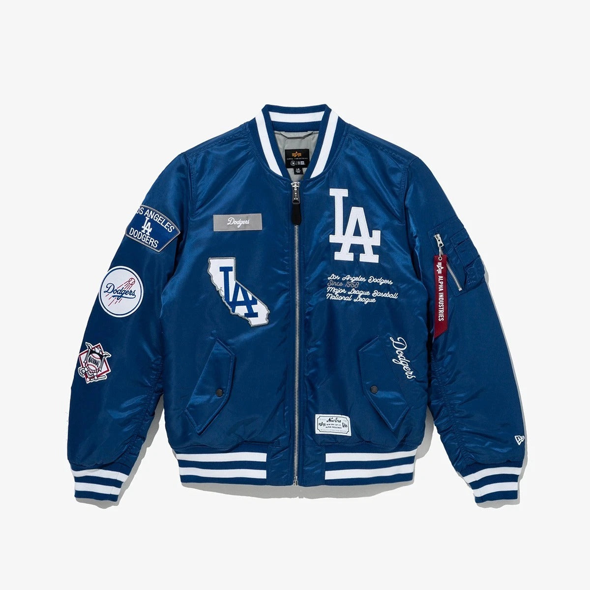 Men’s Blue Bomber Jacket – Satin Varsity Jacket with Baseball Patches & Striped Ribbed Trim