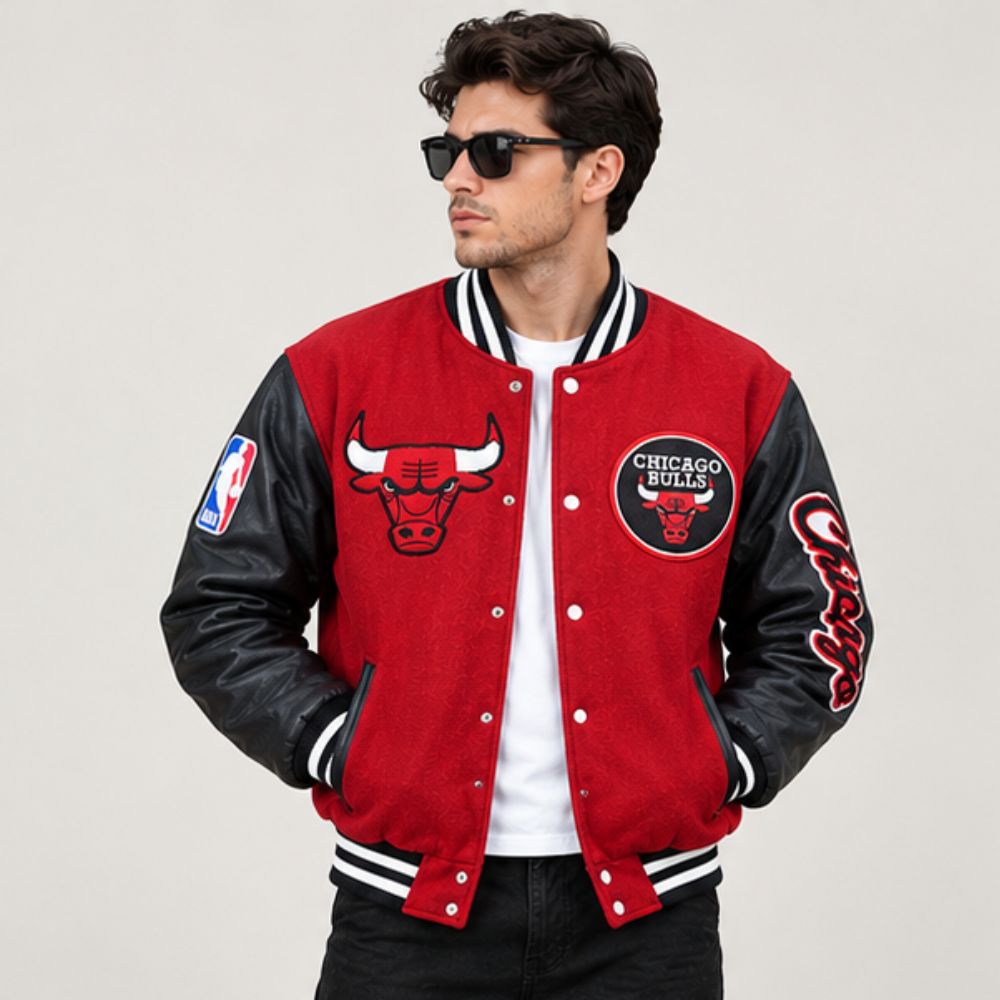 Men’s Chicago Bulls Varsity Jacket – Red Wool Body with Black Leather Sleeves & Letterman Bomber Jacket