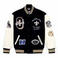 Men’s New Orleans Saints Varsity Jacket – Black and Cream Letterman Bomber Jacket with Football Patches