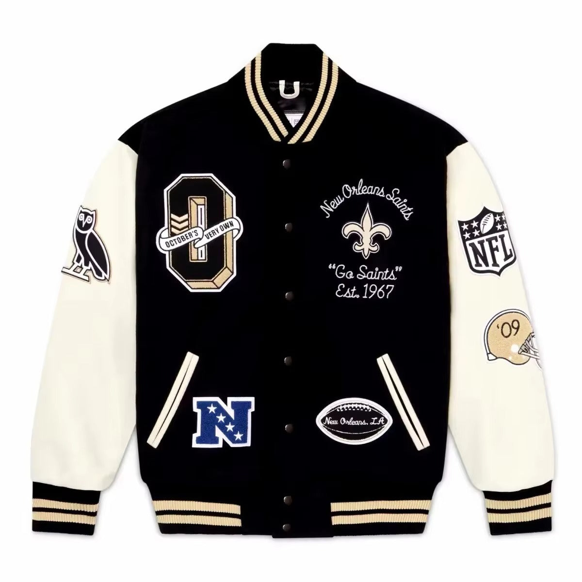 Men’s New Orleans Saints Varsity Jacket – Black and Cream Letterman Bomber Jacket with Football Patches