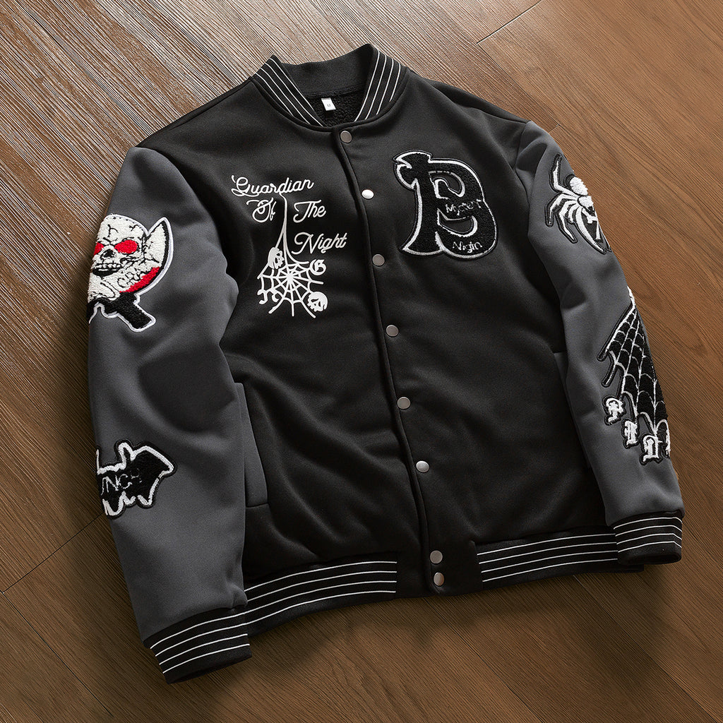 Men’s Black and Grey Halloween Varsity Jacket – Gothic Embroidered Letterman Bomber Jacket