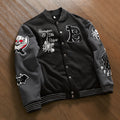 Men’s Black and Grey Halloween Varsity Jacket – Gothic Embroidered Letterman Bomber Jacket