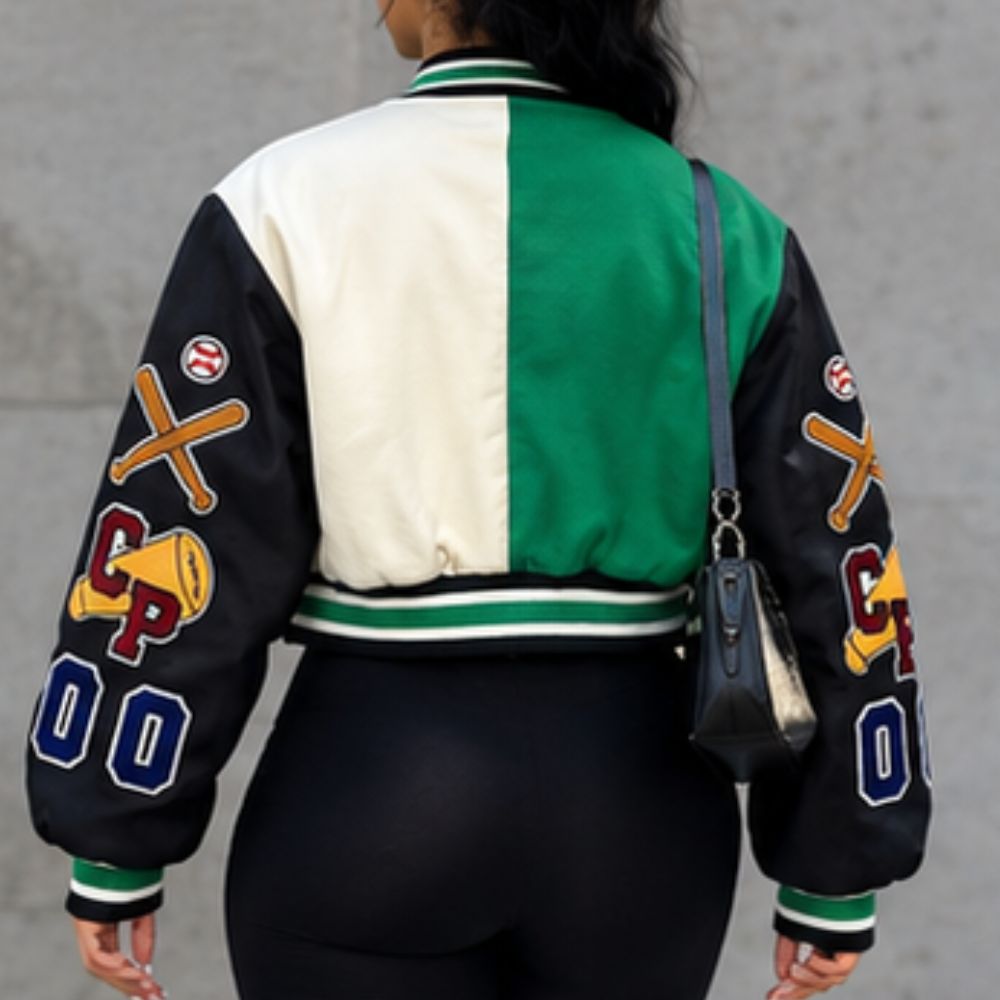 Varsity Jacket Women with Patches Print Cropped Bomber Leather Jacket Women