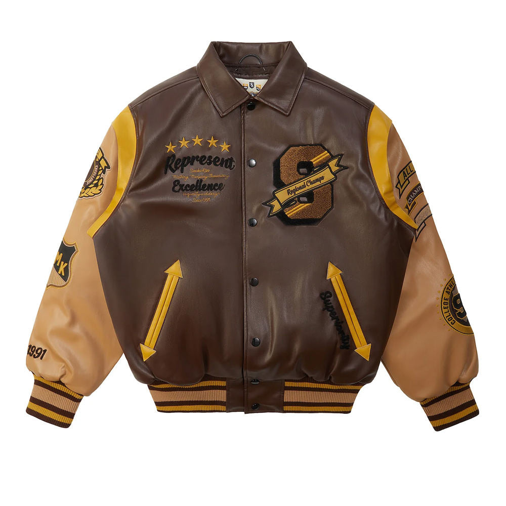 Men’s Brown and Gold Leather Varsity Jacket – Embroidered Letterman Bomber with Contrast Sleeves