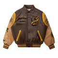 Men’s Brown and Gold Leather Varsity Jacket – Embroidered Letterman Bomber with Contrast Sleeves