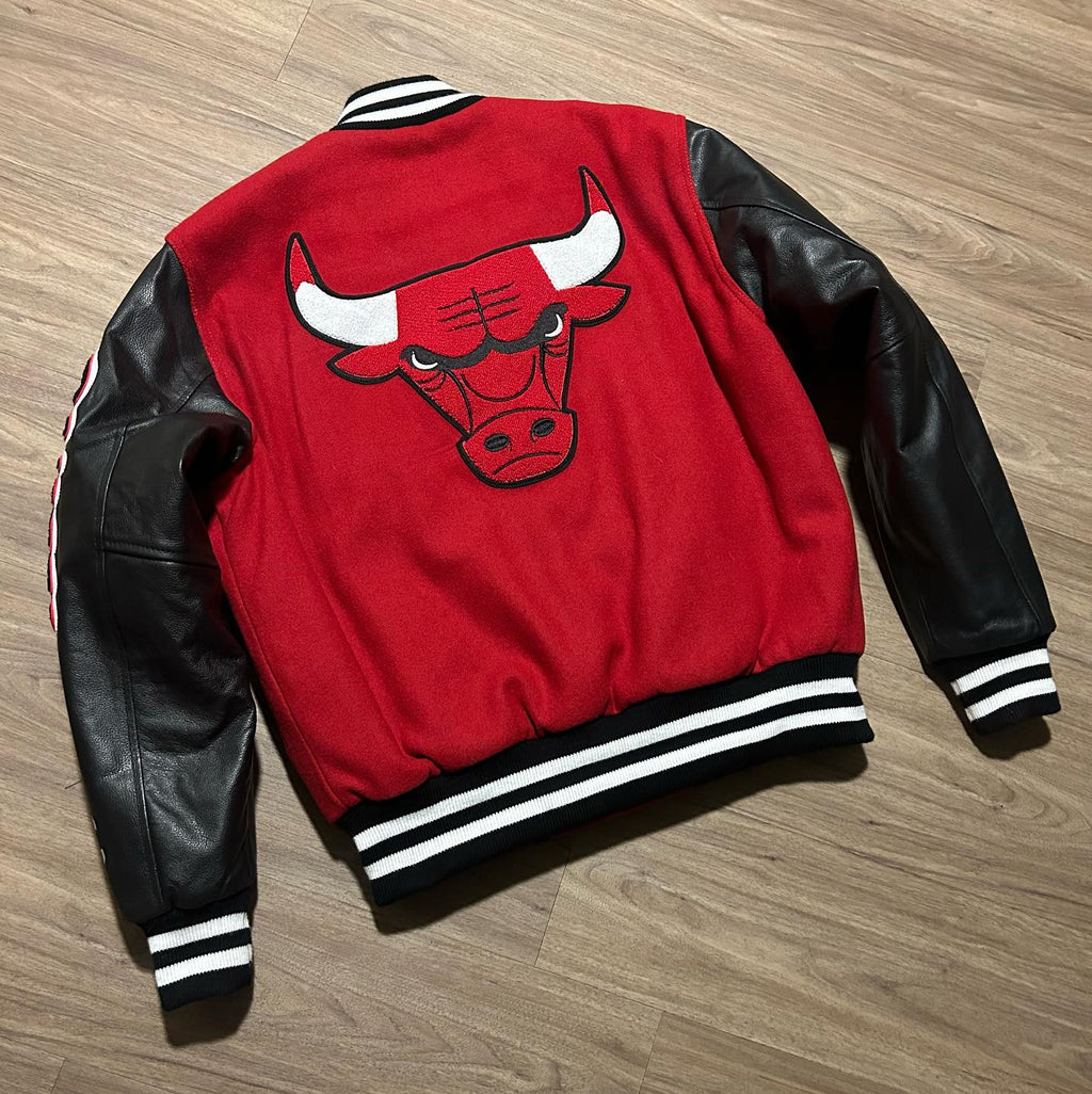 Men’s Chicago Bulls Varsity Jacket – Red Wool Body with Black Leather Sleeves & Letterman Bomber Jacket