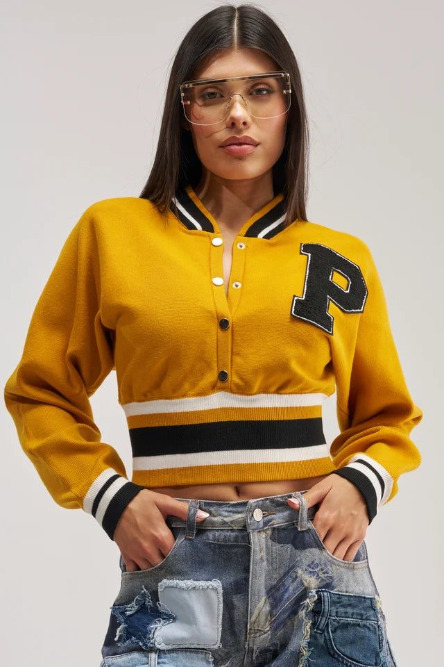 Cropped Varsity Jacket – Women’s Casual Streetwear Letterman Jacket – Rib Knit