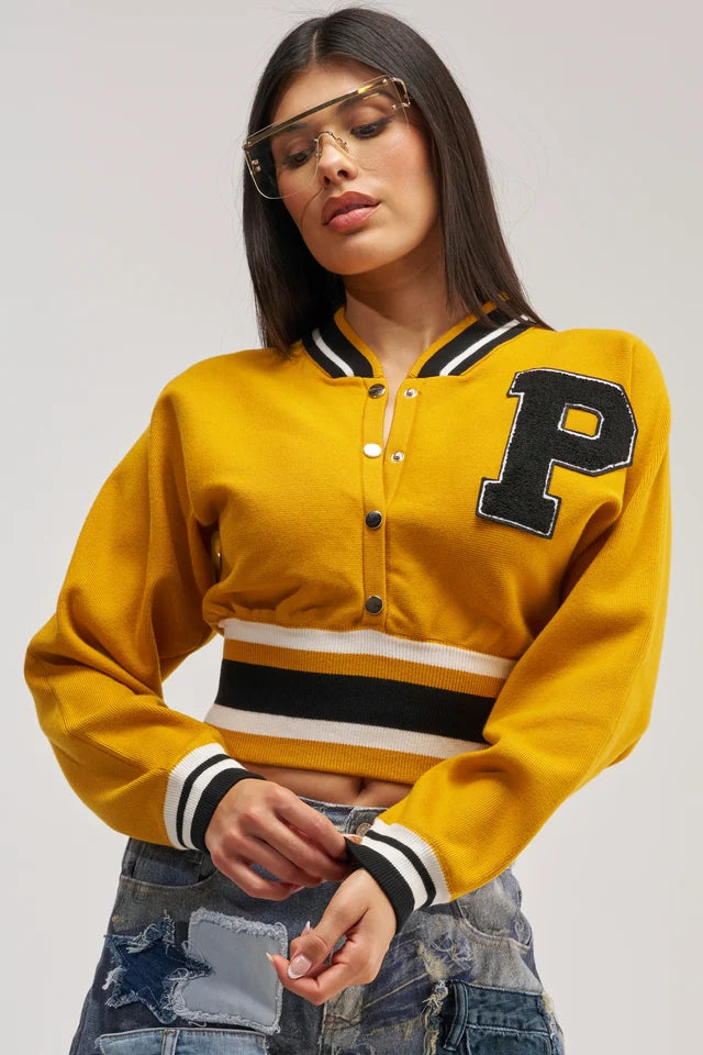 Cropped Varsity Jacket – Women’s Casual Streetwear Letterman Jacket – Rib Knit