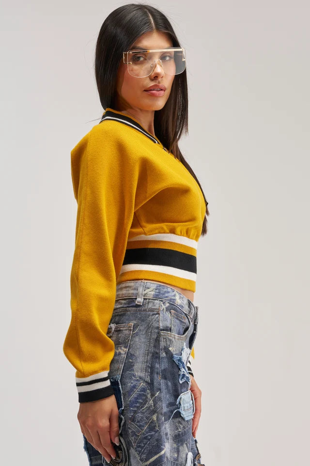 Cropped Varsity Jacket – Women’s Casual Streetwear Letterman Jacket – Rib Knit