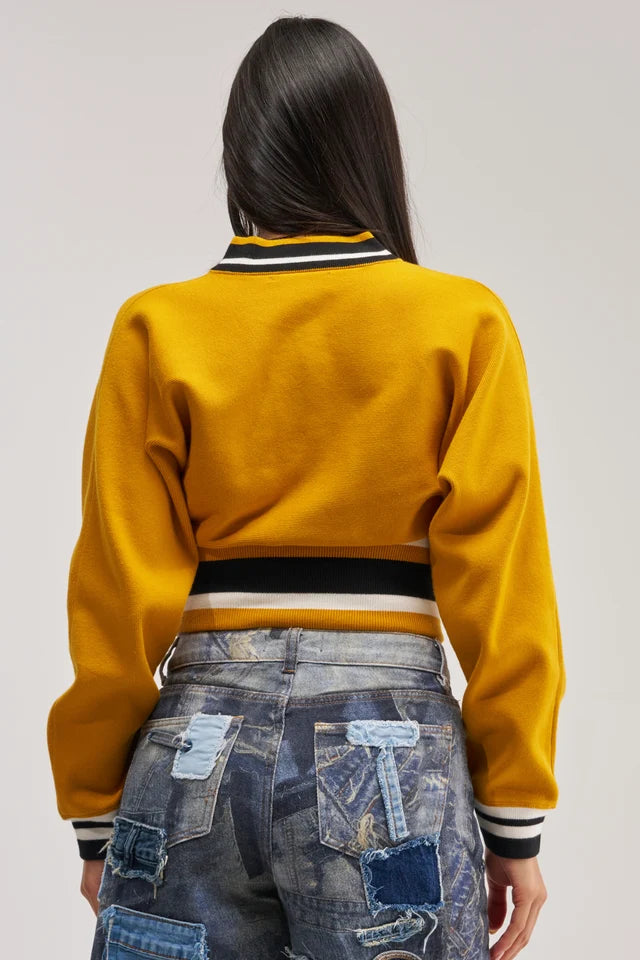 Cropped Varsity Jacket – Women’s Casual Streetwear Letterman Jacket – Rib Knit