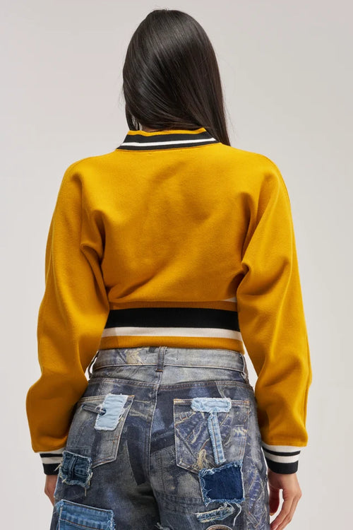 Cropped Varsity Jacket – Women’s Casual Streetwear Letterman Jacket – Rib Knit