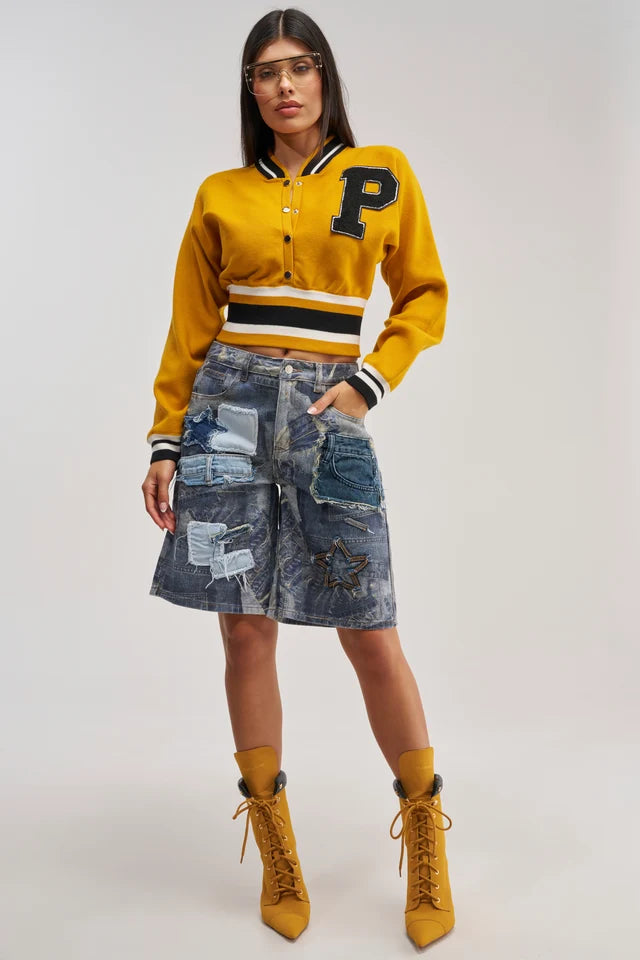 Cropped Varsity Jacket – Women’s Casual Streetwear Letterman Jacket – Rib Knit