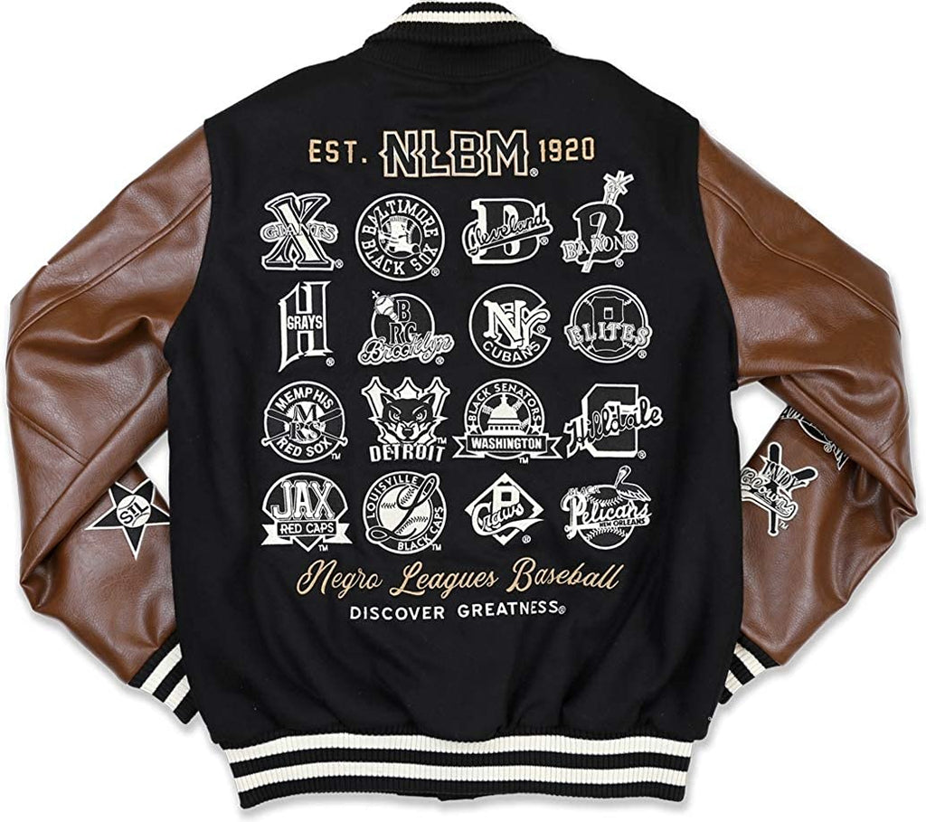 Men’s Black and Brown Varsity Jacket – Negro Leagues Baseball Graphic Letterman Jacket