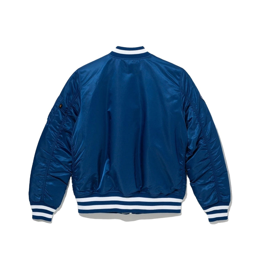 Men’s Blue Bomber Jacket – Satin Varsity Jacket with Baseball Patches & Striped Ribbed Trim