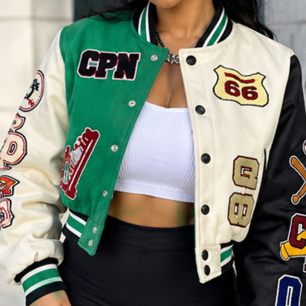 Varsity Jacket Women with Patches Print Cropped Bomber Leather Jacket Women