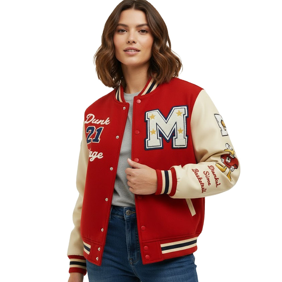 Red and Cream Varsity Jacket for Men & Women – Vintage Letterman Baseball Jacket with Striped Ribbed Trim