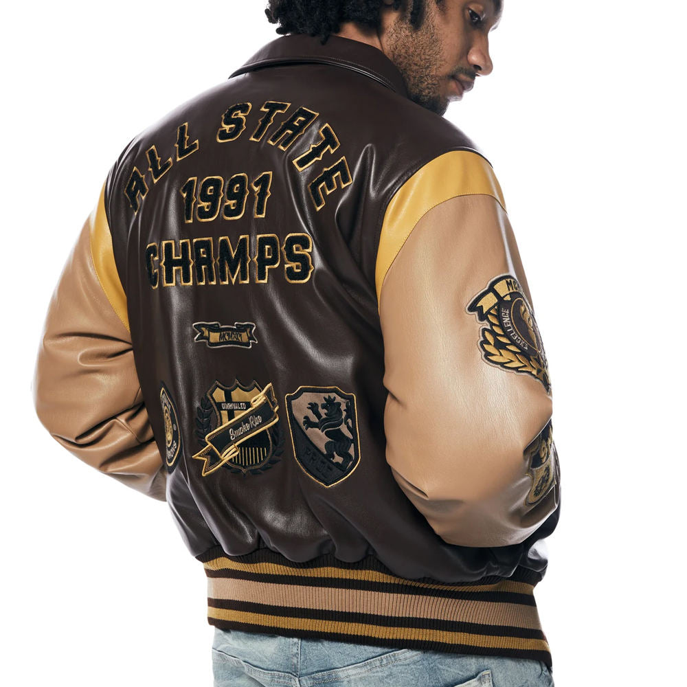 Men’s Brown and Gold Leather Varsity Jacket – Embroidered Letterman Bomber with Contrast Sleeves