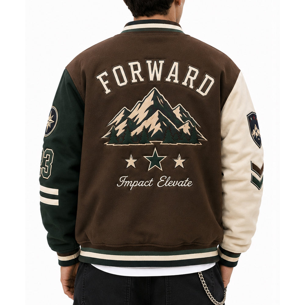Men’s Brown Varsity Jacket – Green and Cream Leather Sleeves Letterman Bomber Jacket with Mountain Embroidery