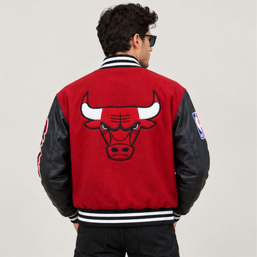Men’s Chicago Bulls Varsity Jacket – Red Wool Body with Black Leather Sleeves & Letterman Bomber Jacket