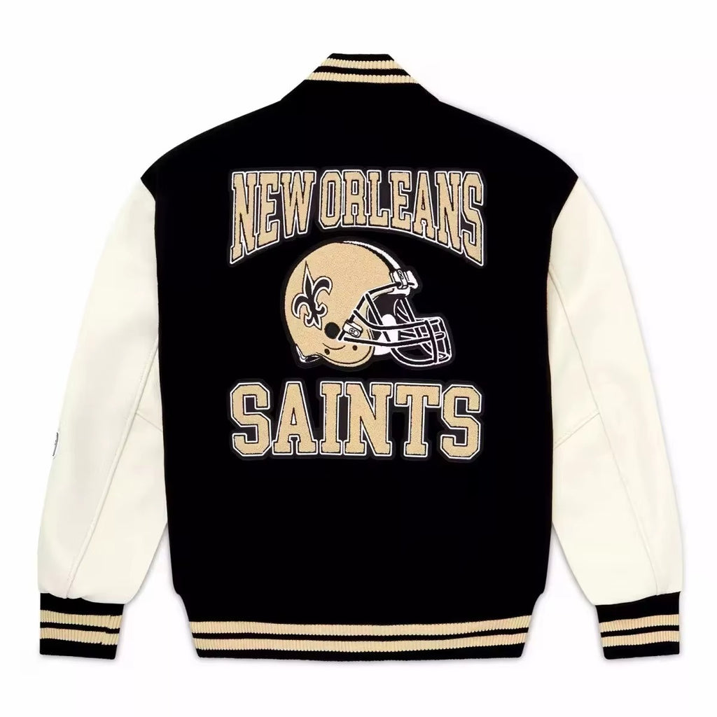 Men’s New Orleans Saints Varsity Jacket – Black and Cream Letterman Bomber Jacket with Football Patches