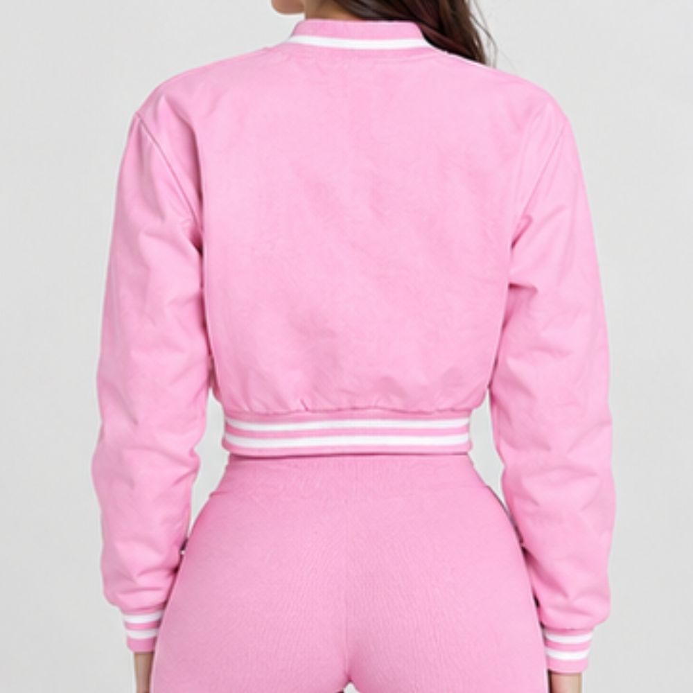 Womens Faux Leather Varsity Jacket Cropped Baseball Bomber Jacket
