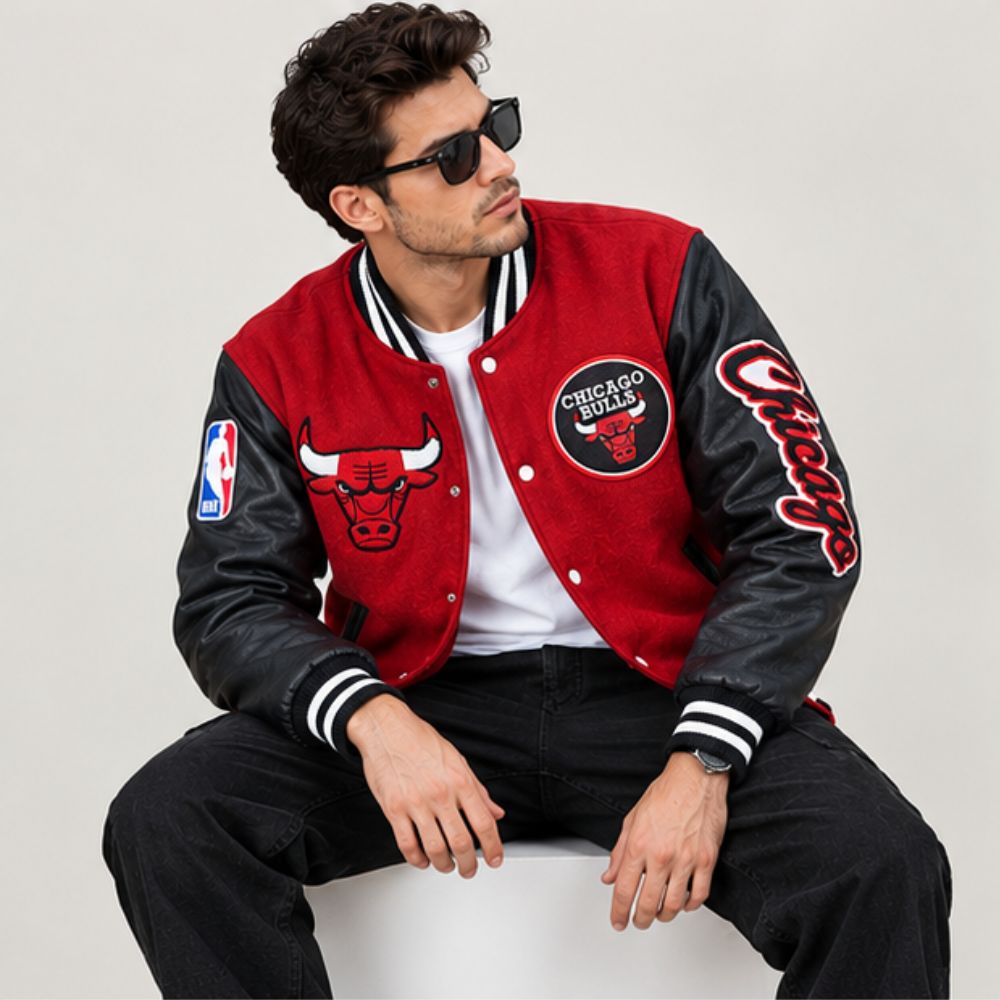 Men’s Chicago Bulls Varsity Jacket – Red Wool Body with Black Leather Sleeves & Letterman Bomber Jacket