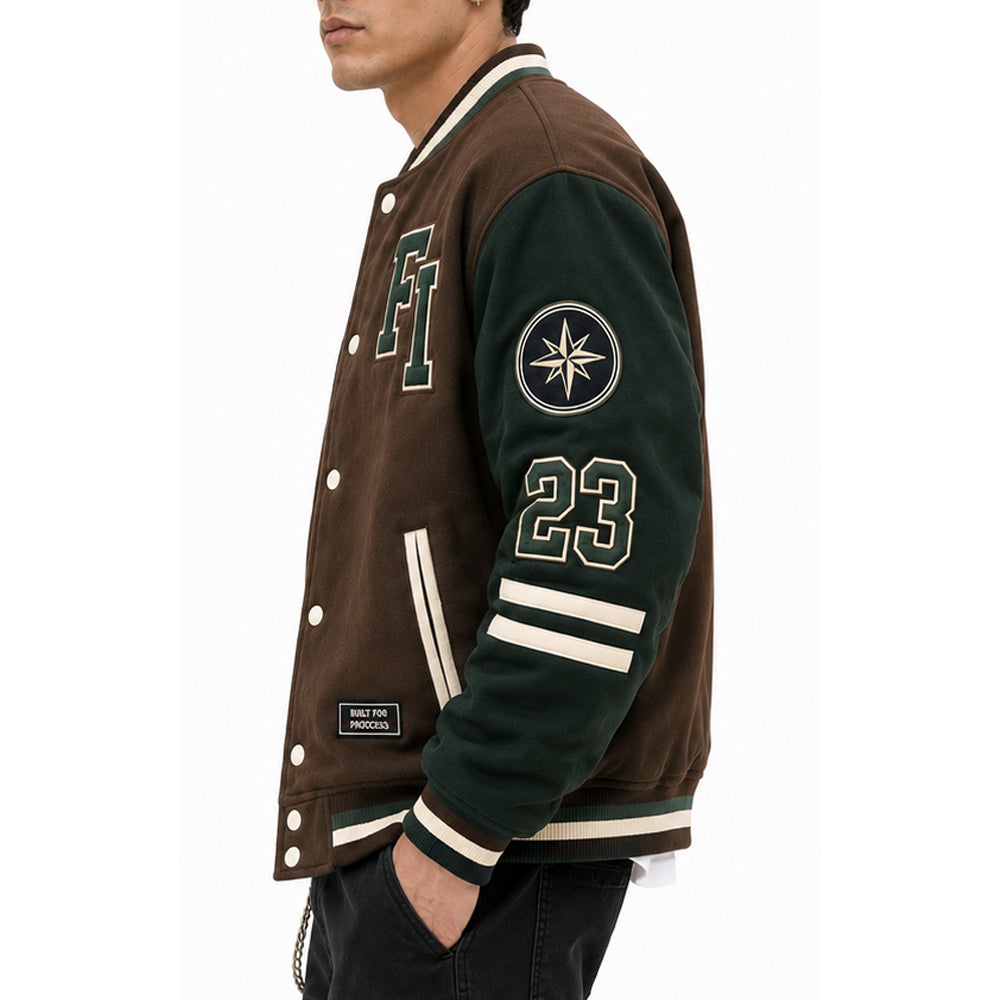 Men’s Brown Varsity Jacket – Green and Cream Leather Sleeves Letterman Bomber Jacket with Mountain Embroidery