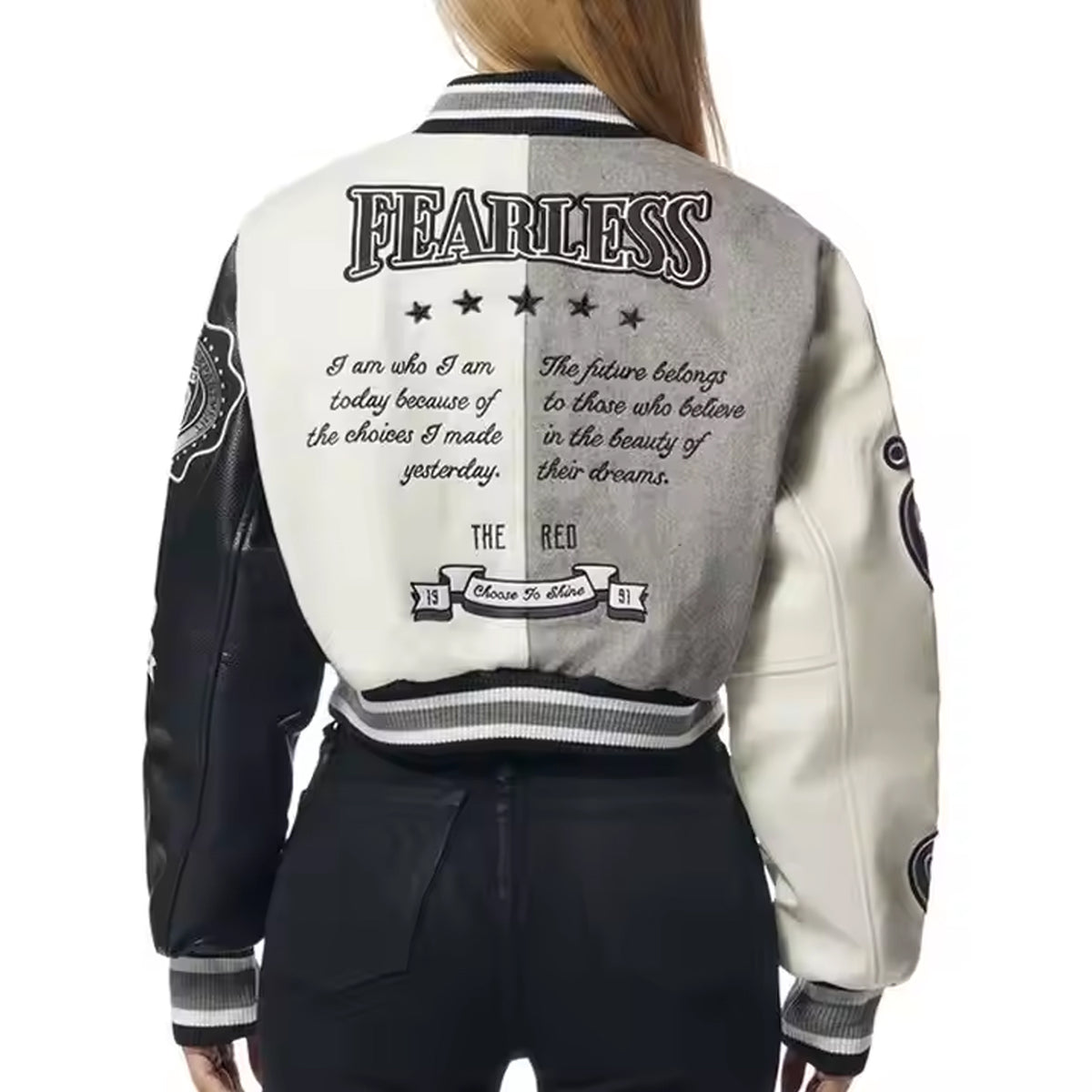 Women's Varsity Bomber Jacket, Black and White Graphic Letterman Jacket, Vintage College Style Streetwear