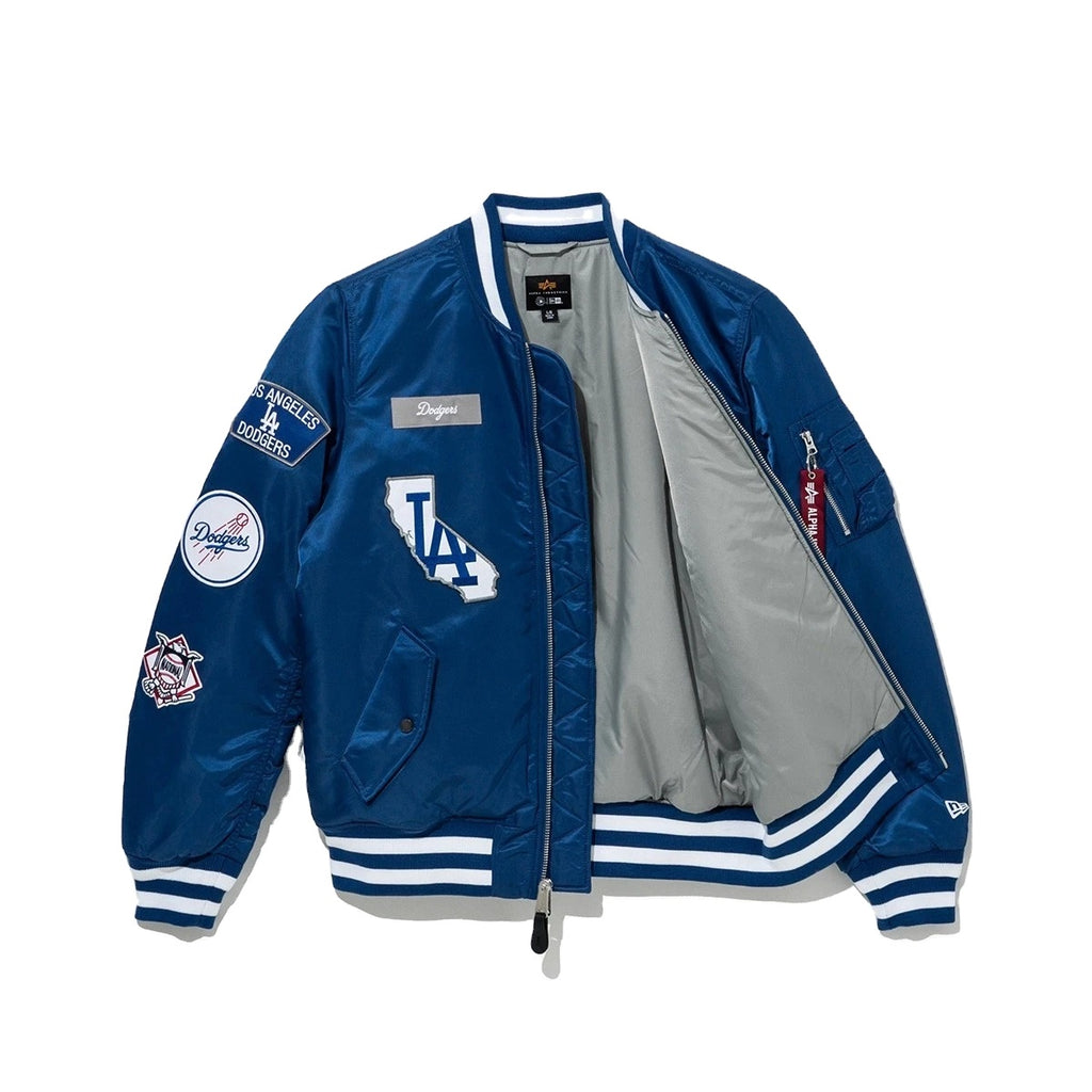 Men’s Blue Bomber Jacket – Satin Varsity Jacket with Baseball Patches & Striped Ribbed Trim