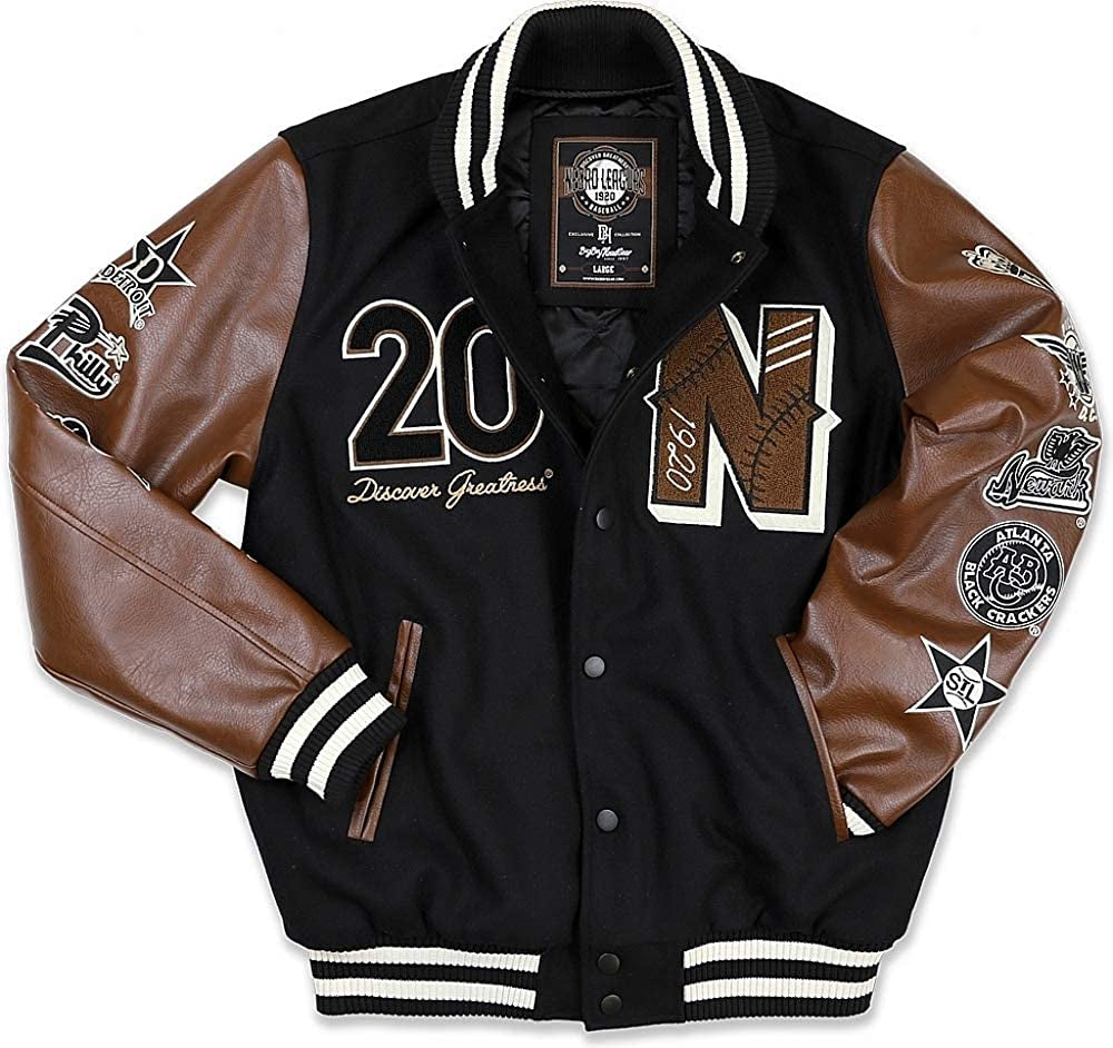 Men’s Black and Brown Varsity Jacket – Negro Leagues Baseball Graphic Letterman Jacket