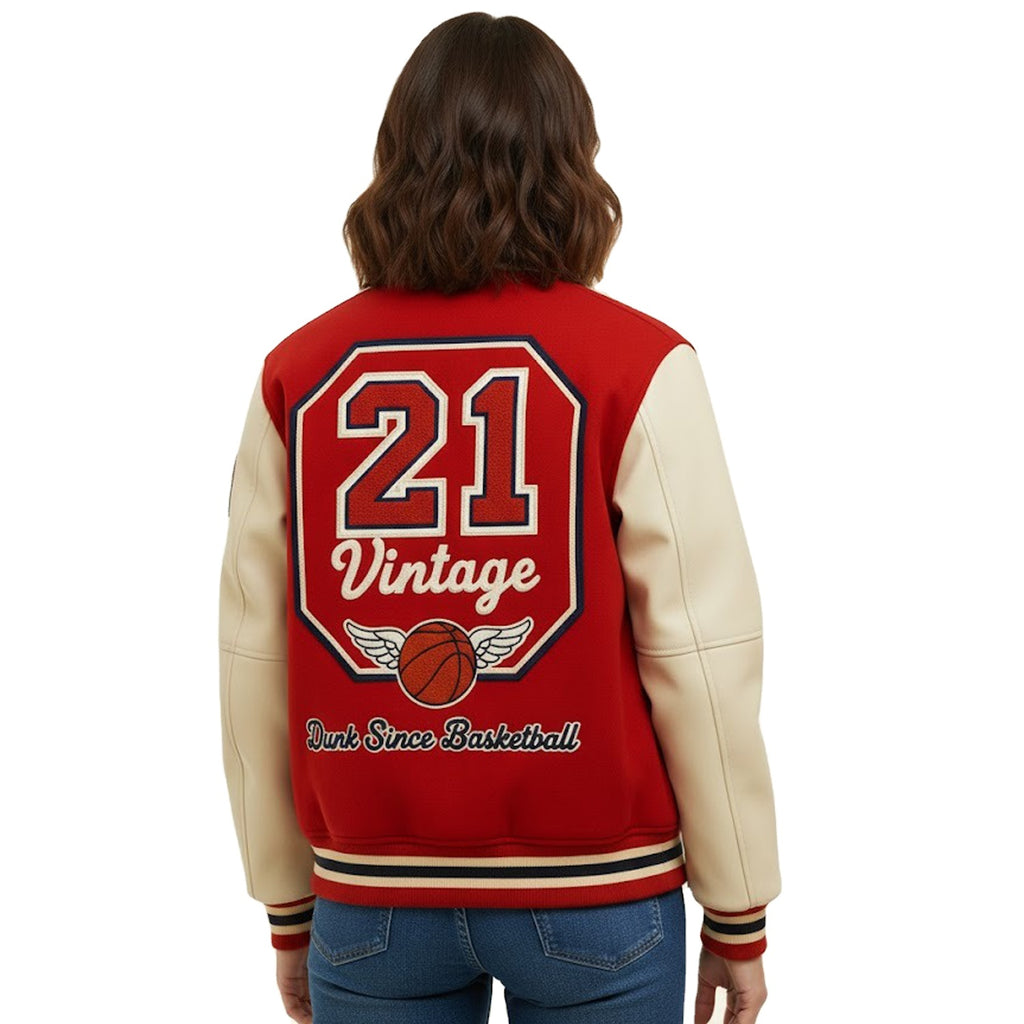 Red and Cream Varsity Jacket for Men & Women – Vintage Letterman Baseball Jacket with Striped Ribbed Trim