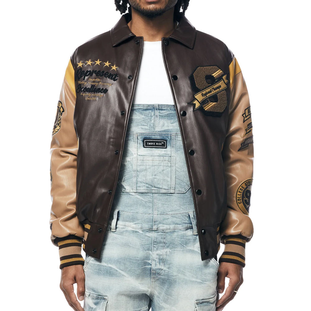 Men’s Brown and Gold Leather Varsity Jacket – Embroidered Letterman Bomber with Contrast Sleeves