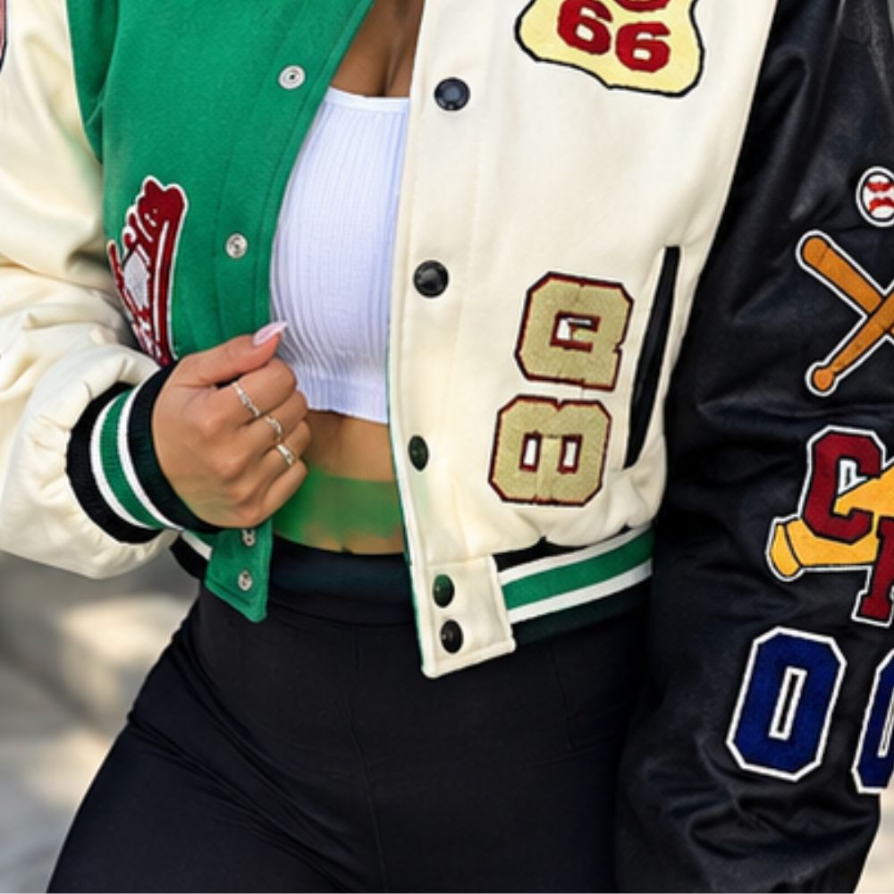 Varsity Jacket Women with Patches Print Cropped Bomber Leather Jacket Women