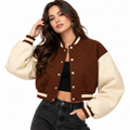 Women’s Cropped Varsity Jacket – Casual Streetwear Bomber Jacket – Contrast Sleeve Baseball Jacket