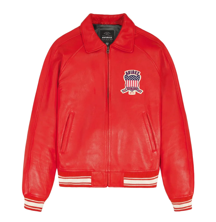 Avirex Salvage Red Leather Jacket – Classic USA Heritage Bomber Jacket