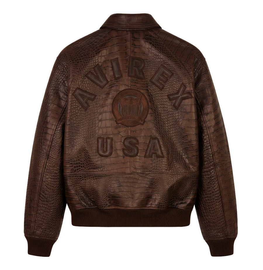 Men’s Brown Croc-Embossed Leather Bomber Jacket – Military Style Aviator Jacket