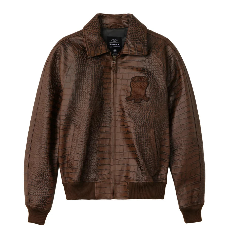 Men’s Brown Croc-Embossed Leather Bomber Jacket – Military Style Aviator Jacket