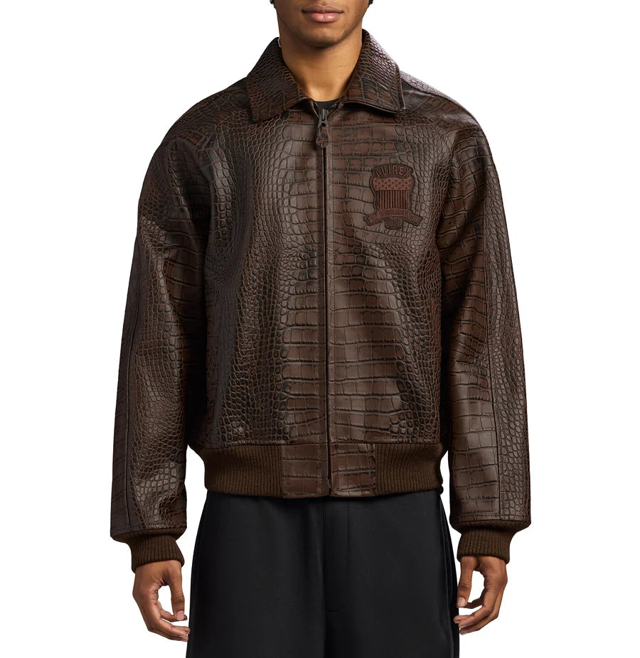 Men’s Brown Croc-Embossed Leather Bomber Jacket – Military Style Aviator Jacket