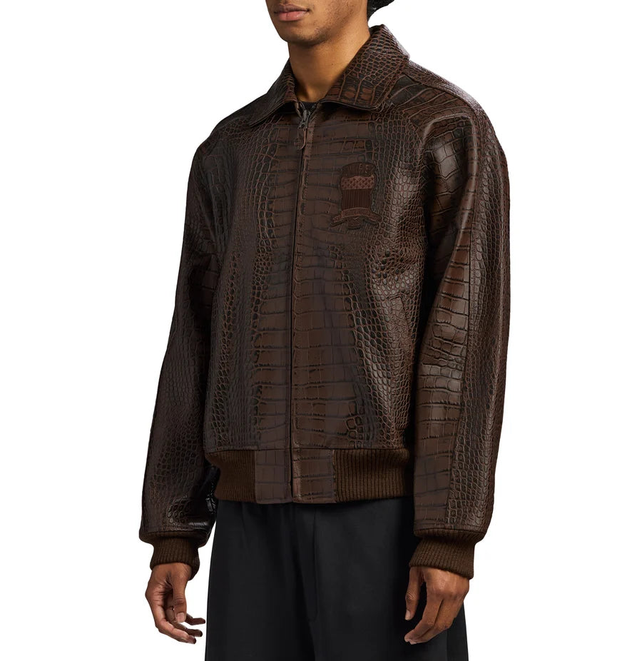 Men’s Brown Croc-Embossed Leather Bomber Jacket – Military Style Aviator Jacket