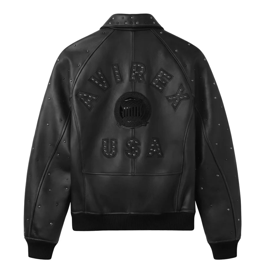 Men’s Black Studded Leather Bomber Jacket – Classic Aviator Style
