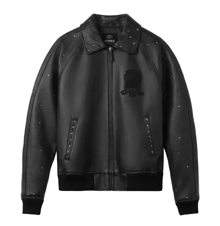 Men’s Black Studded Leather Bomber Jacket – Classic Aviator Style
