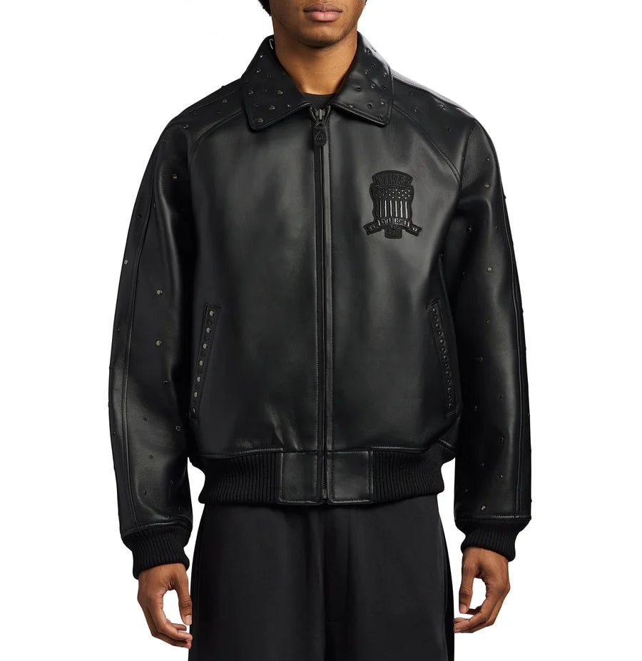 Men’s Black Studded Leather Bomber Jacket – Classic Aviator Style