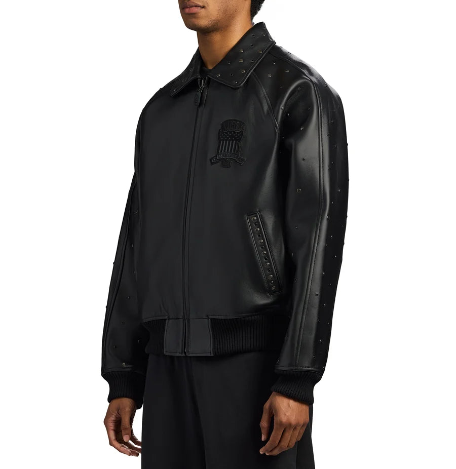 Men’s Black Studded Leather Bomber Jacket – Classic Aviator Style