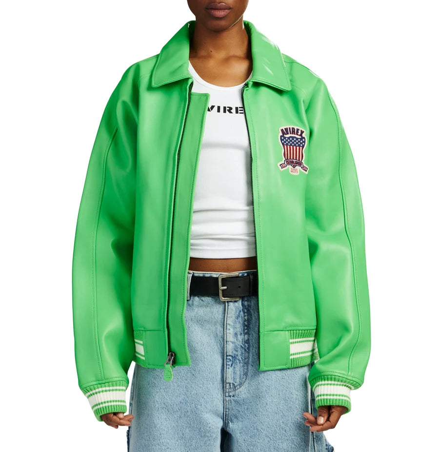 Men’s Lime Green Leather Bomber Jacket – Classic Aviator Style Jacket